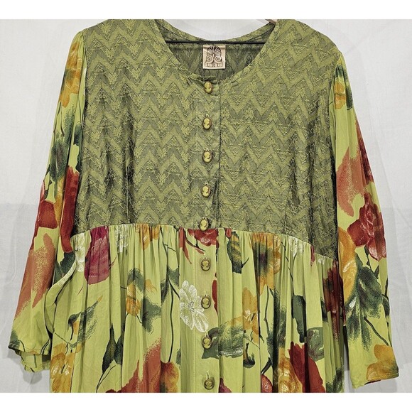 Vintage URU Womens Silk Maxi Dress Floral Kimono Duster Green Boho Art Rare OS - Picture 8 of 15